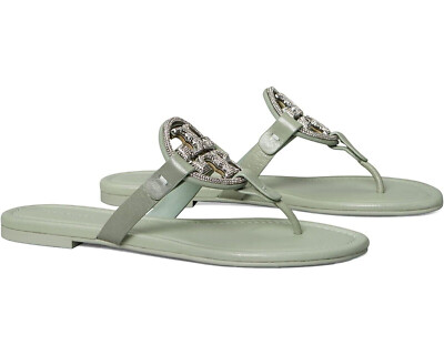 NIB Tory Burch Crystal Miller Pave Leather Sandals Sea Foam Green