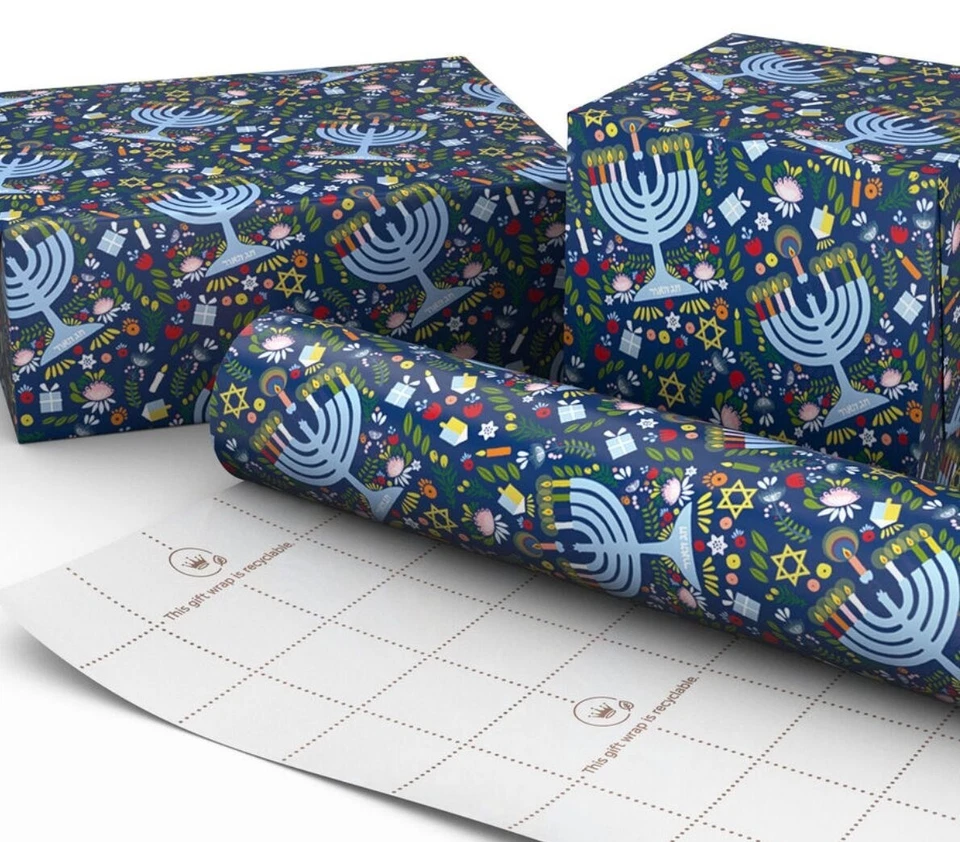 Hallmark Wrapping Paper Festive Hanukkah Collage Menorah 35 sq ft Roll Holiday - Image 3 of 4