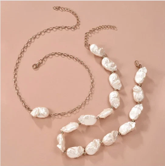 Collar de perlas gruesas, collar de perlas grandes de cadena dorada, collares boho de perlas Foto 2 de 4