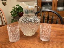 Antique Northwoods Arabian Nights Opalescent Pitcher & Tumblers