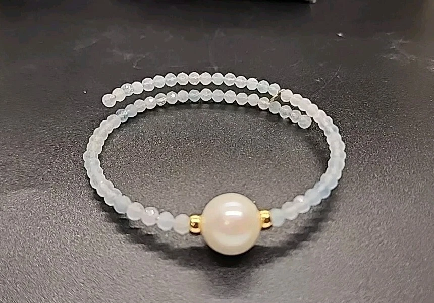 8" Faceted Light Blue Crystal Memory Wire Bracelet w/ 11MM Freshwater Pearl - Image 2 of 4