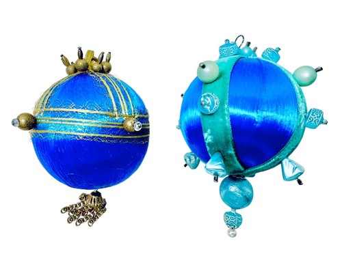 Vintage 70s Blue Satin Push Pin Carved Beads Teal Velvet Chains 2 Boho Ornaments - Picture 5 of 21