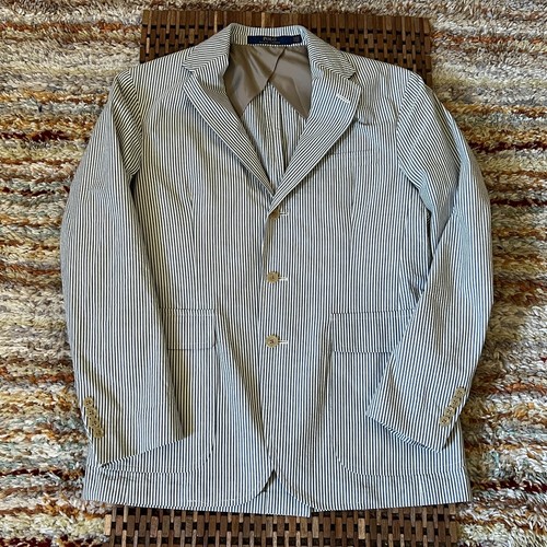 Polo Ralph Lauren Seersucker Blazer Chore Jacket Sport Coat Beige Blue Medium M