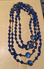 Vintage Long Blue Glass Faceted Blue Station Bead Necklace 60"A
