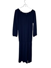 Talbots Women's Dress Midi Boatneck 3/4 Sleeves Blouson Waist Navy Blue Large