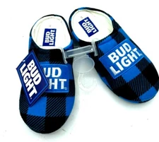 New Bud Light Beer Budweiser Plaid Blue Brand Logo Plush Slippers Adult Size S