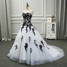 Gothic Black and White Wedding Dresses Strapless Tulle Sweep Train Bridal Gowns