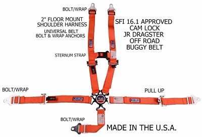 RJS SFI 16.1 5 PT HARNESS CAM LOCK FLOOR MOUNT 2'' BOLT & WRAP IN ORANGE 1028405