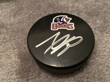 EDMONTON OILERS XAVIER BOURGAULT SIGNED BAKERSFIELD CONDORS LOGO HOCKEY PUCK COA