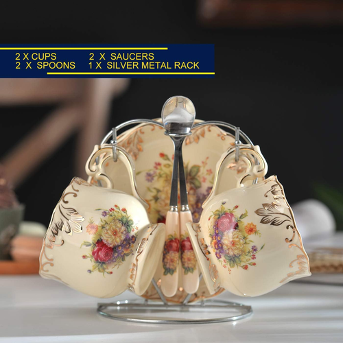 Tea Cups and Saucers Set of 2, Vintage Floral Porcelain Tea Cups with Holder- 8 - Picture 7 of 12
