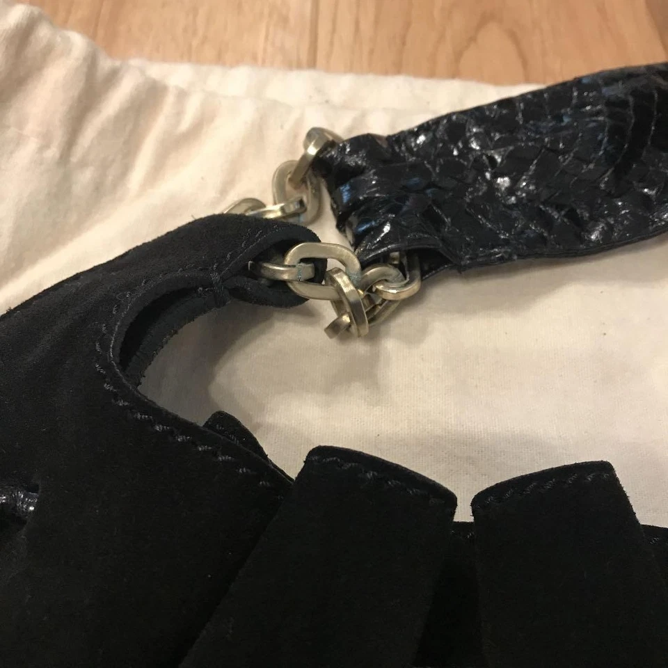 Usado Jimmy Choo TALLY Negro Gamuza Flecos Cadena Bolso Ligero Uso Foto 2 de 4