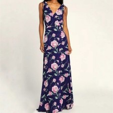 NWT Lulus Navy Floral Romantic Possibilities Sleeveless Maxi Dress Size XS Pink