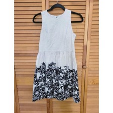 Classic Elegant Preppy Boho Tan Linen and Black Loft Women's Dress 2P