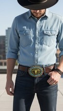 Men Dark Gold Metal Buckle Western Fashion Bull Long Horns Cow Biker Accessory