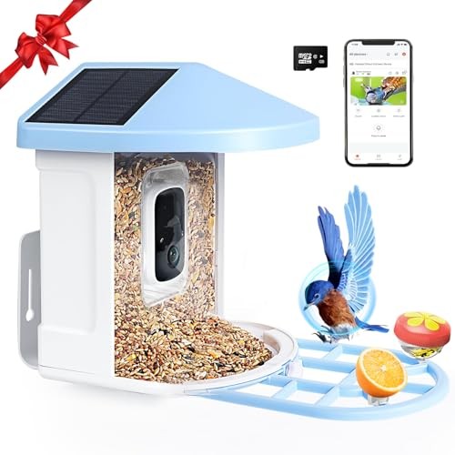 Bird Feeder with Camera, Smart Birds Watching Camera with Solar white&blue