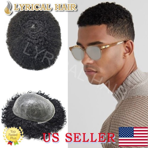 Afro Toupee For Black Men Kinky Curly Human Hair Unit Injection Hairpiece System - Afbeelding 1 van 23