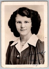 Vtg B&W Snapshot Young Woman Glasses Cross Necklace White Collar Mae 1940s