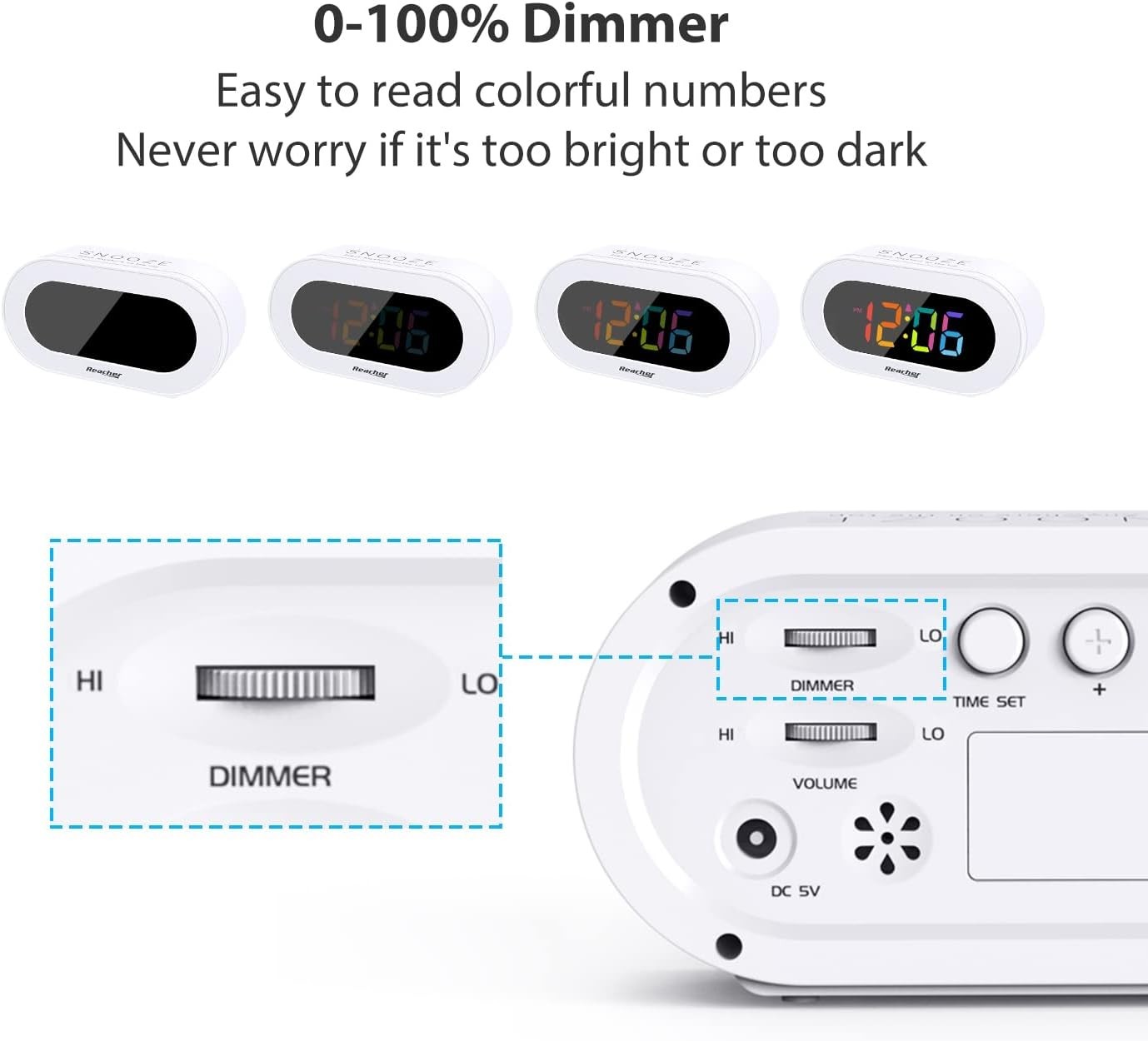 Colorful LED Clock with Snooze Function & Full Brightness Control - Small Size
