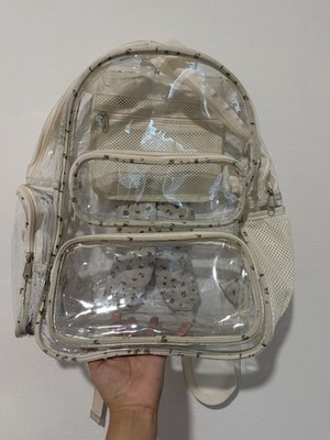 Clear Plastic Kids Backpack Floral Pattern Beige Straps Multi Zip Outer Pockets