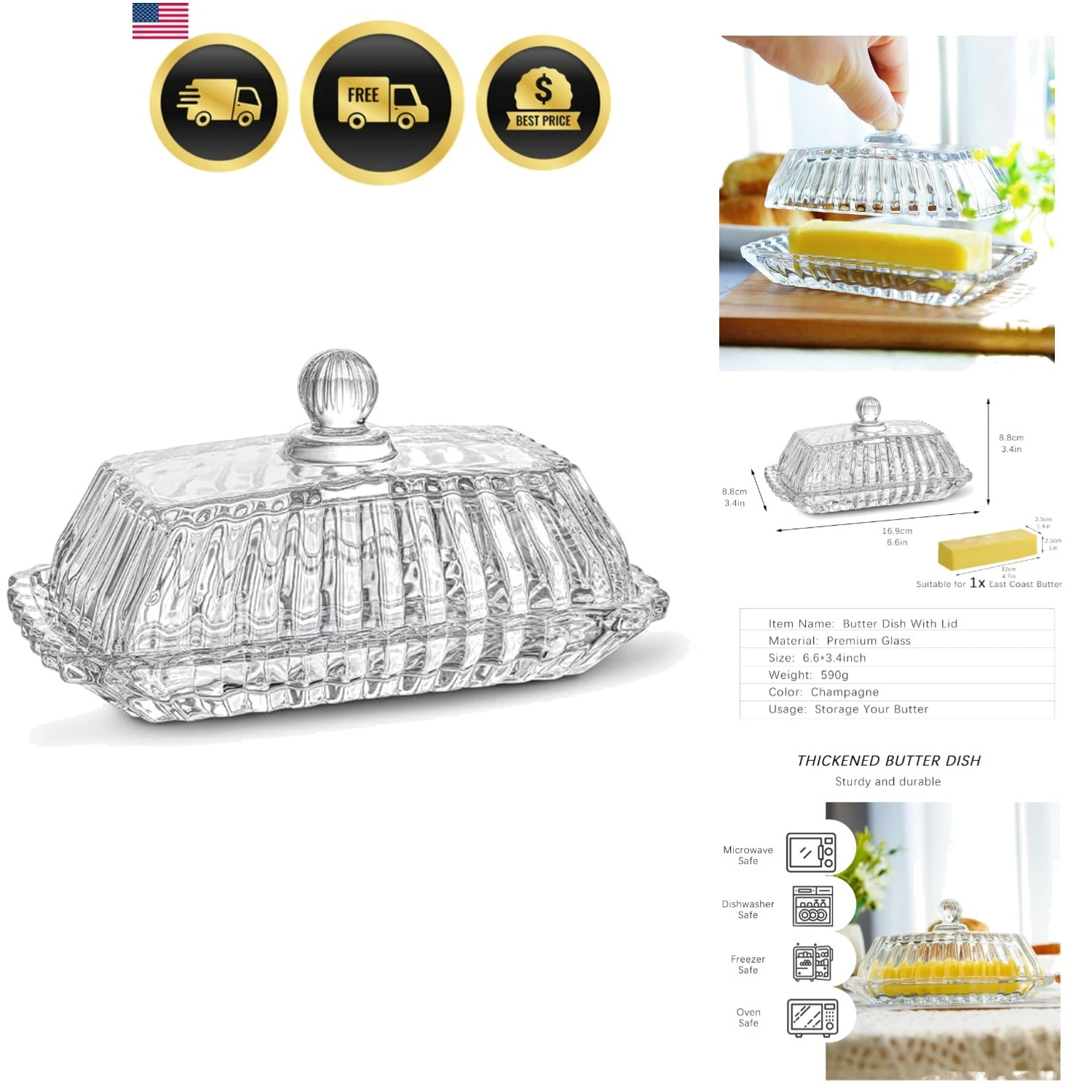 6.5'' Glass Butter Dish with Lid,Clear Classic Covered Butter Container For C...