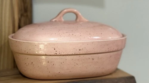 Mid-Century 1950s Bauer Casserole Dish with Lid Speckled Pink Ceramic Vintage