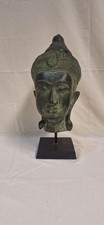 Vintage Southeast Asia Thai Buddha Head Bronze Figure Statue on Wood Base 14”