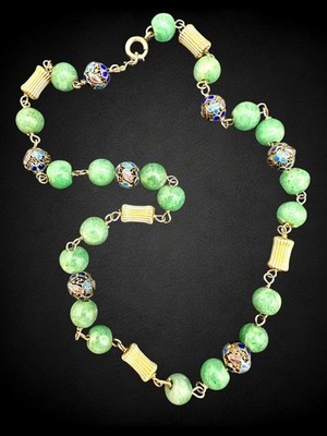Vintage Chinese Export Jade Necklace Enamel Filigree Beads Gold Filled 15.75 