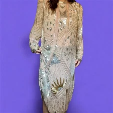Vintage  Party Dress Nude Starburst Sequin Beaded Cocktail 80s Does 20s Large