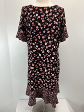Talbots Floral Jewel Neck Shift Dress Sz 12p Petites Black Contrast Print 