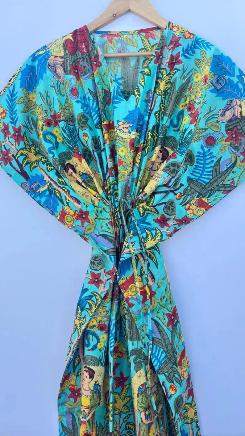 Indian Cotton Blue Frida Printed Kaftan Dress Women's Clothing Kaftan Dress US