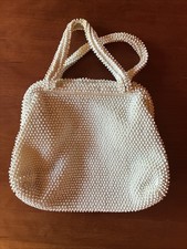 1950's Corde Bead Lumured Purse Ivory Cream Beaded Handbag Evening Bag