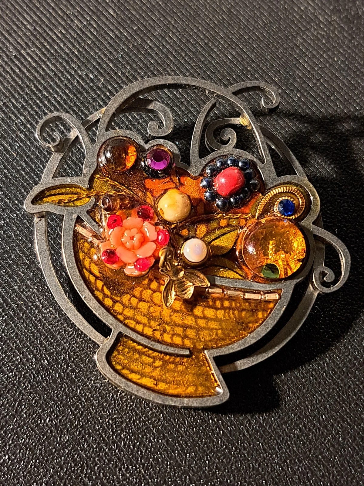 Seeka Mixed Media Flower Basket Brooch Pin