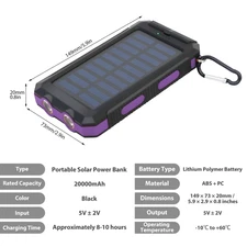 20000Mah Solar Charger Waterproof Portable Solar Power Bank Dual 5V USB Ports 2 