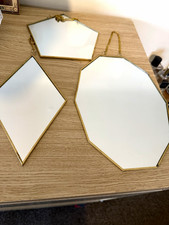 Set of 3 Gold Tone Metal Framed Geometric Octagon Wall Mirrors with Chain