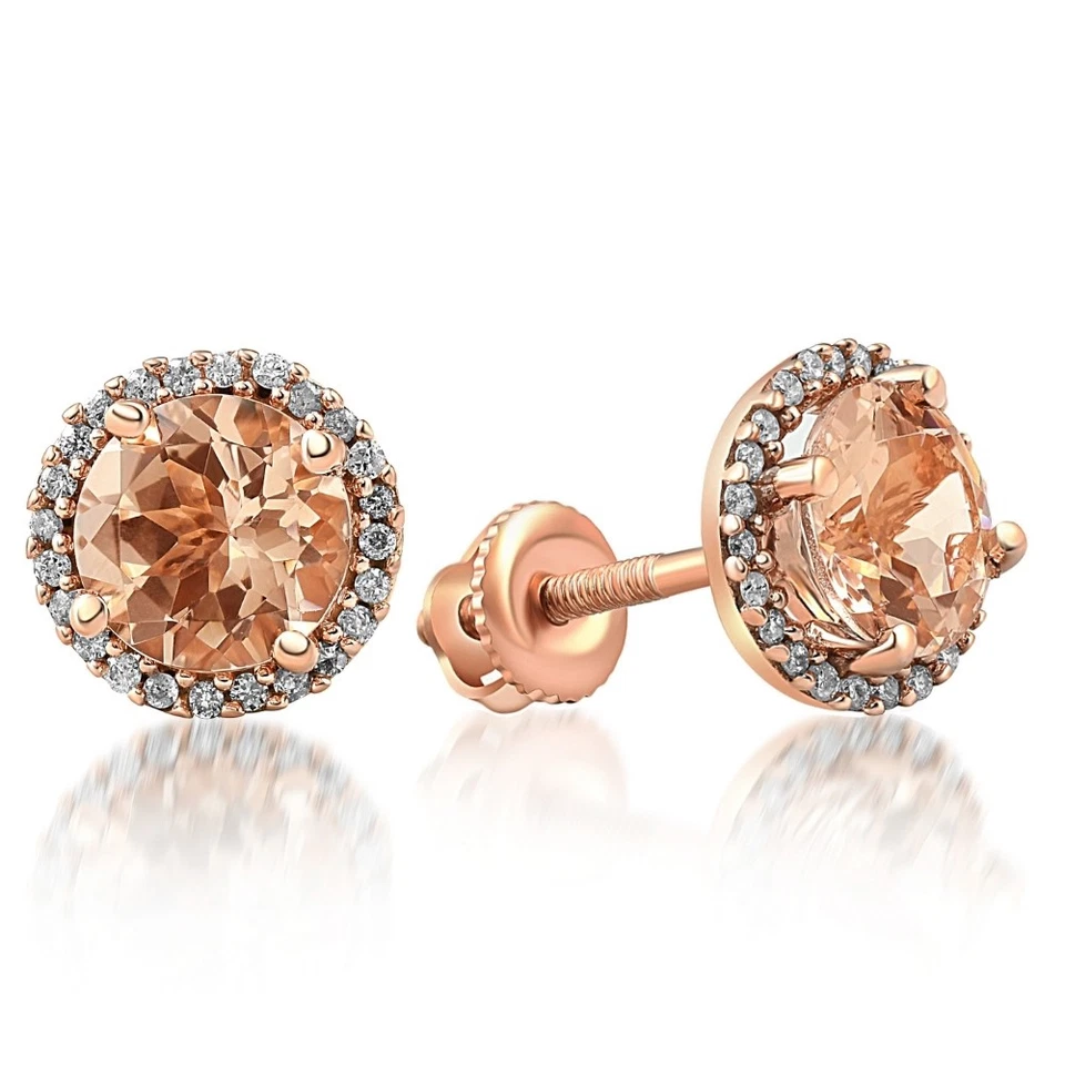 Pendientes de oro rosa con halo de diamantes y morganita de 1 1/2 quilate con halo de oro rosa Foto 2 de 4