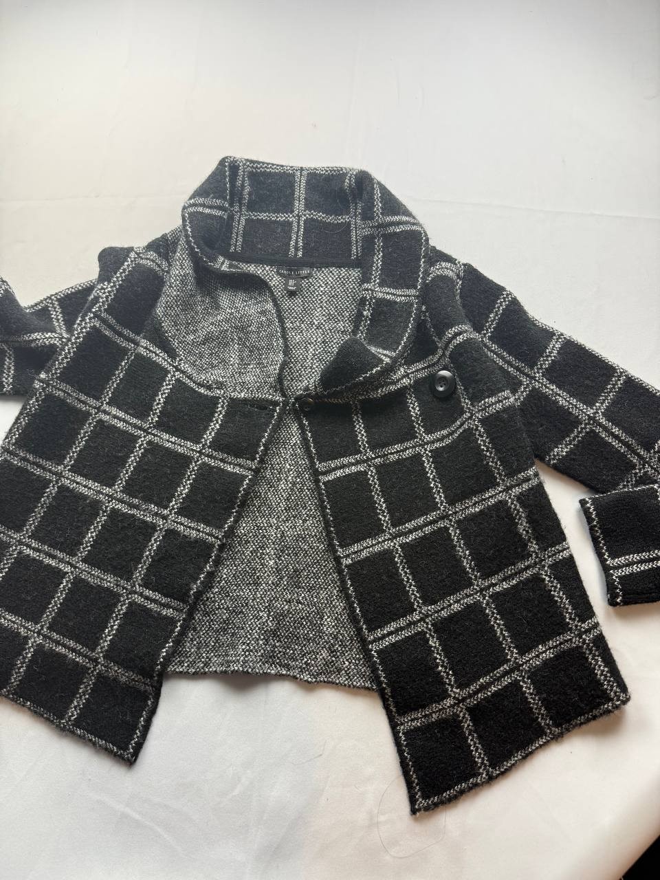 Carole Little Cardigan Sweater Womens Small Black Check Shawl Collar Wool Blend