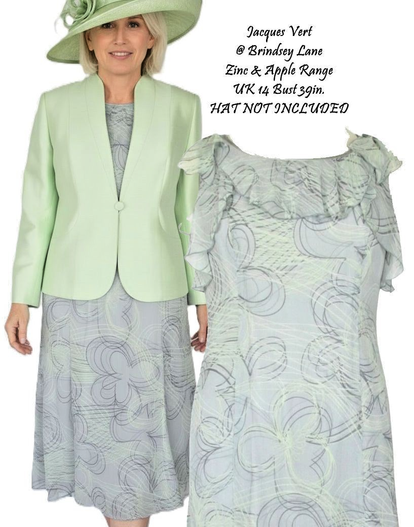 New Jacques Vert Zinc Apple Chiffon Dress & Shantung Jacket  UK 14  £318 NO HAT