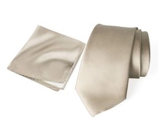 Men's Skinny Solid Color Satin Microfiber Tie and Handkerchief Set Champagne