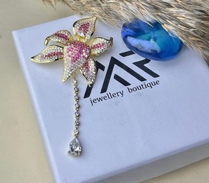 Authentic 925 Silver Gold Plated Flower Brooch Pink White CZ Crystal Dangle Drop Pin