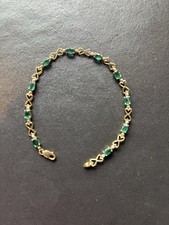 Vintage Heart Natural Diamond & Green Emerald 10k Gold Bracelet 7”