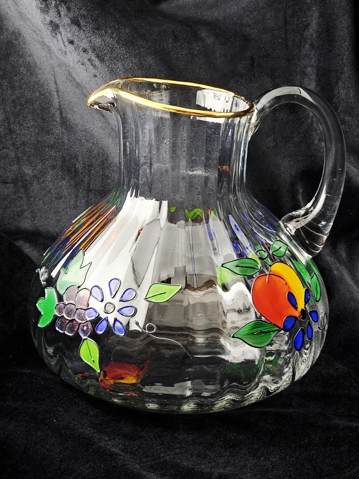 Jarra de vidrio pintada a mano borde dorado arte esmalte floral de frutas ~ 9" estilo Italia Foto 4 de 4