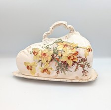 Large Antique Daffodil Cheese Keeper Dish Cloche Dome Butter Transferware Floral