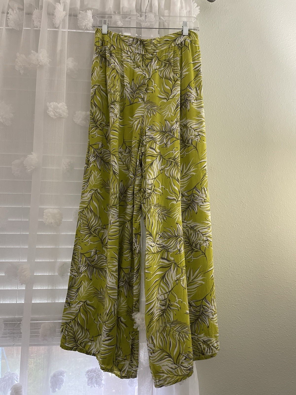 Boho Green Leaf Wide Leg Lounge Pants for Women - Size Large