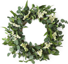 20" Artificial Eucalyptus Wreath with White Berries for Indoor/Outdoor Decor