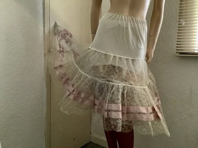 Wunderschöner Vintage 50er Emprex weiß & rosa mehrlagiger Rockabilly Halb Slip Petticoat