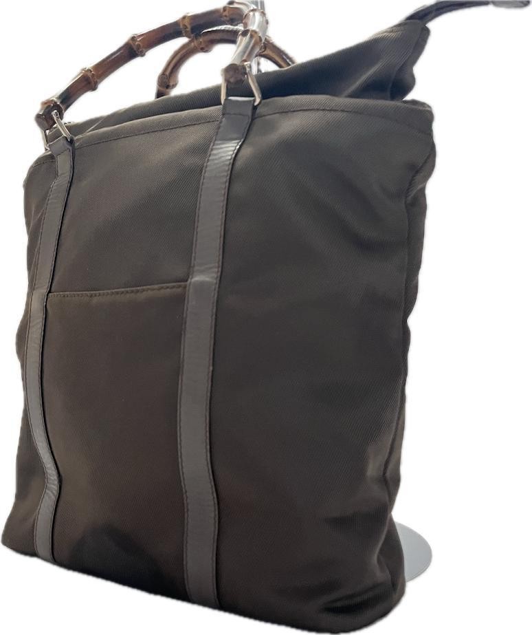 Gucci Brown Nylon Tote with Bamboo Charm and Logo Foil Stamp