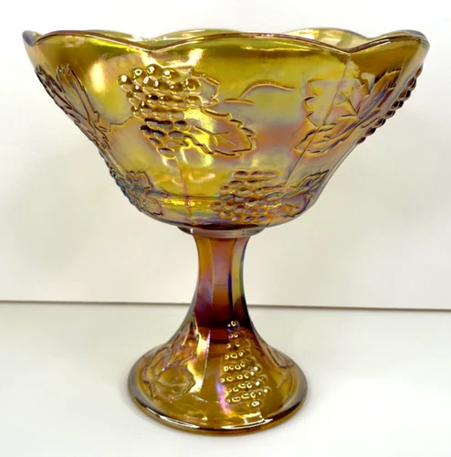 VTG Indiana Carnival Glass Marigold Harvest Grape Compote Pedestal Fruit Bowl