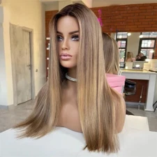 100% Human Hair Wig 13X4 Lace Wig Ombre Blonde Brown Highlights Wig
