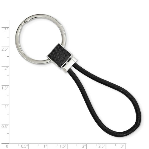 Stainless Steel Polished Black IP-plated and Black Leather Key Chain - Picture 3 of 3