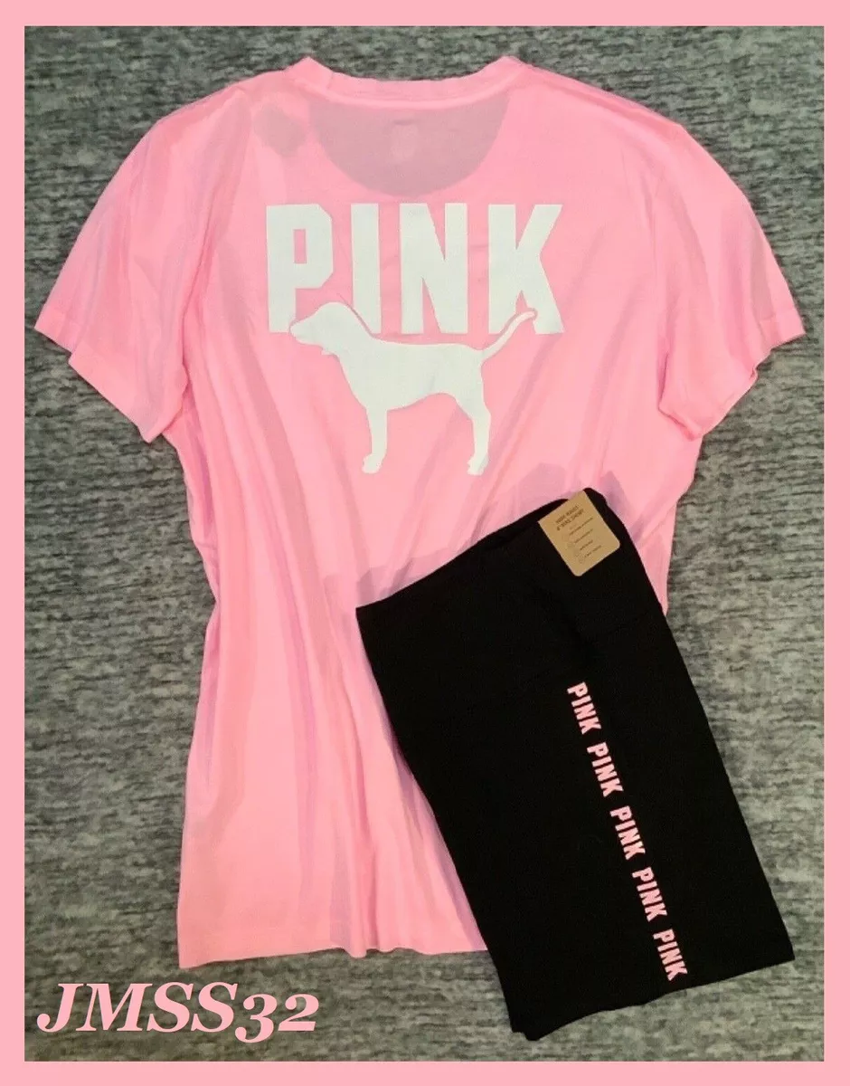 Victoria s Secret Pink Campus Tee Shirt Bike Shorts Set Pink Daisy Black L NWT